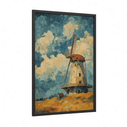 Cloudy Windmill framed windmills print — black wood frame — teal and gold palette
