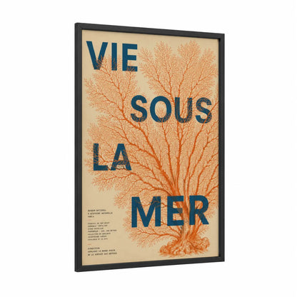 Coral Tree French Typography Wall Art framed art print — black wood frame — orange and blue palette