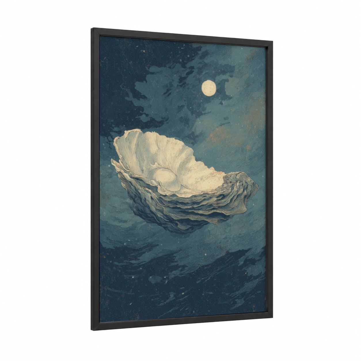 Moonlit Oyster framed art print — black wood frame — dark blue and cream palette
