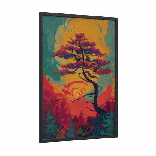 Crimson Cedar Dream framed cedar tree print — black wood frame — gold and magenta palette