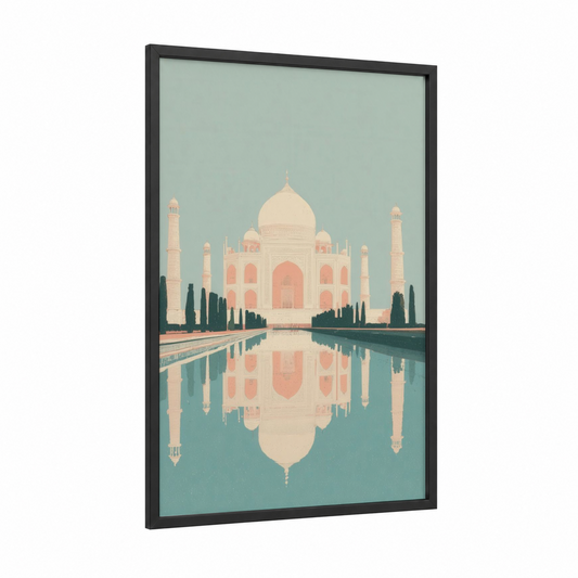 Taj Mahal Reflection framed art print — black wood frame — peach and teal palette