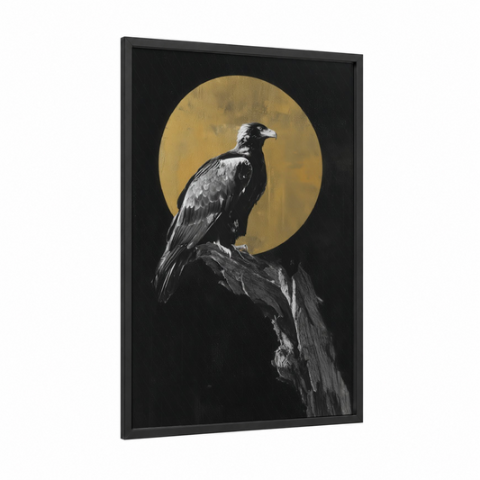 Golden Sentinel Eagle framed art print — black wood frame — black and white and yellow gold palette