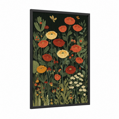 Midnight Ranunculus framed art print — black wood frame — dark green and red palette