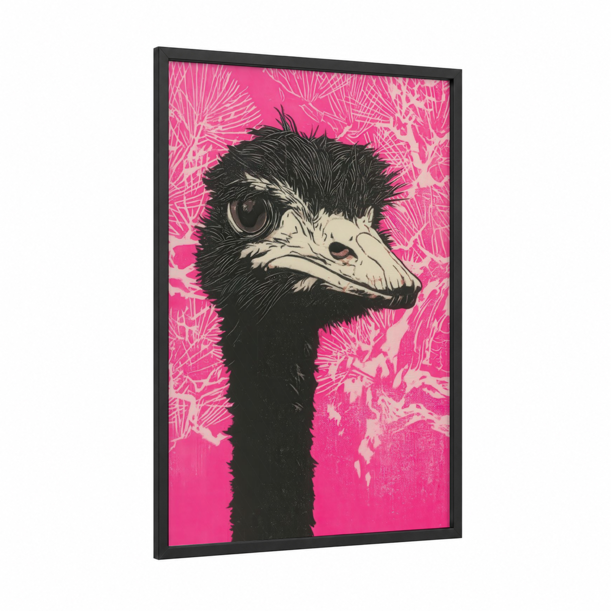 Pink Ostrich Pop framed art print — black wood frame — magenta and black and white palette