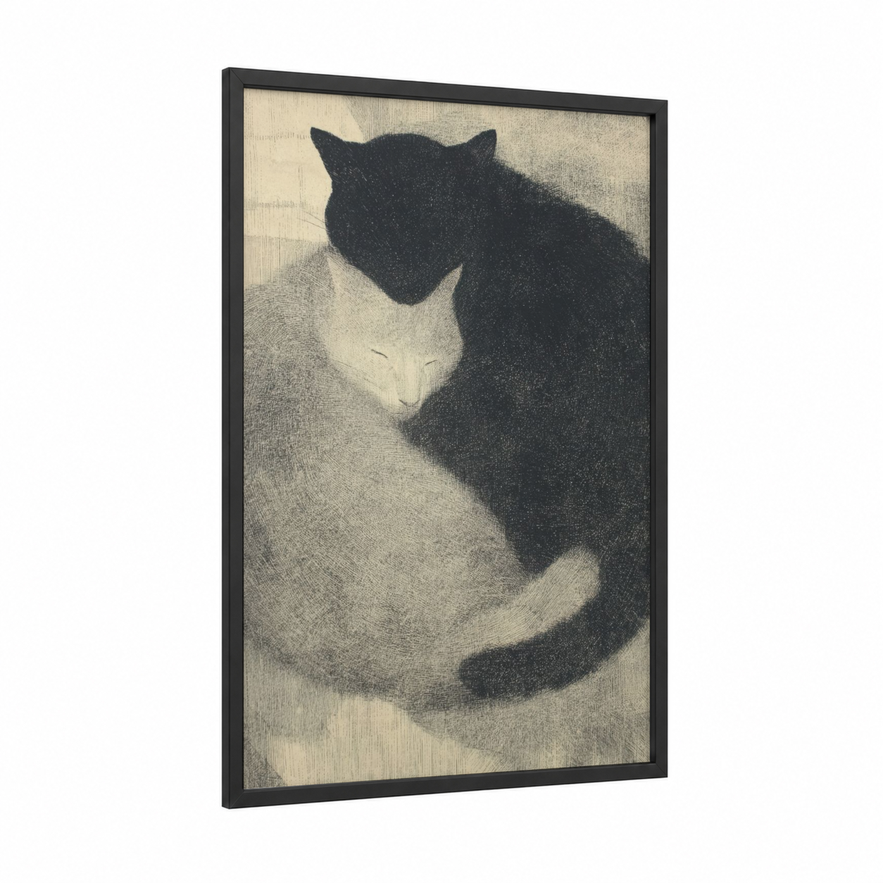 Sleeping Embrace framed animals in love print — black wood frame — black and white and gray palette