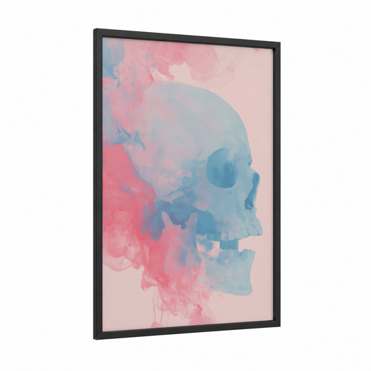 Watercolor Skull framed art print — black wood frame — pink and blue palette