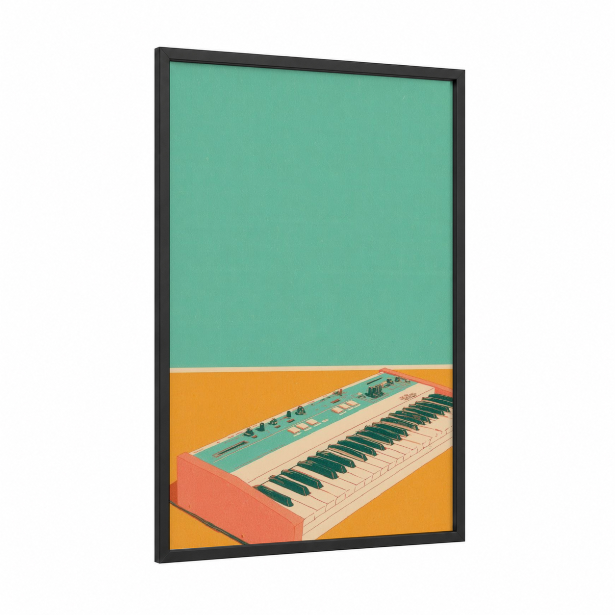 Retro Keyboard Synth framed art print — black wood frame — turquoise and gold palette