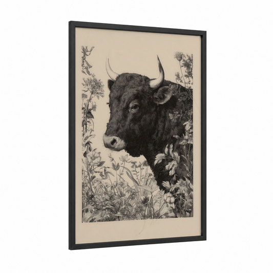Highland Bull Portrait framed art print — black wood frame — black and white palette