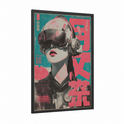 Cyber Pilot Girl framed japanese retrofuturism print — black wood frame — teal and magenta palette
