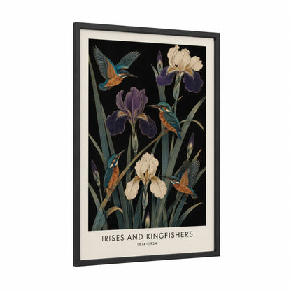Irises And Kingfishers Vintage Wall Art framed art print — black wood frame — black and gold and purple palette