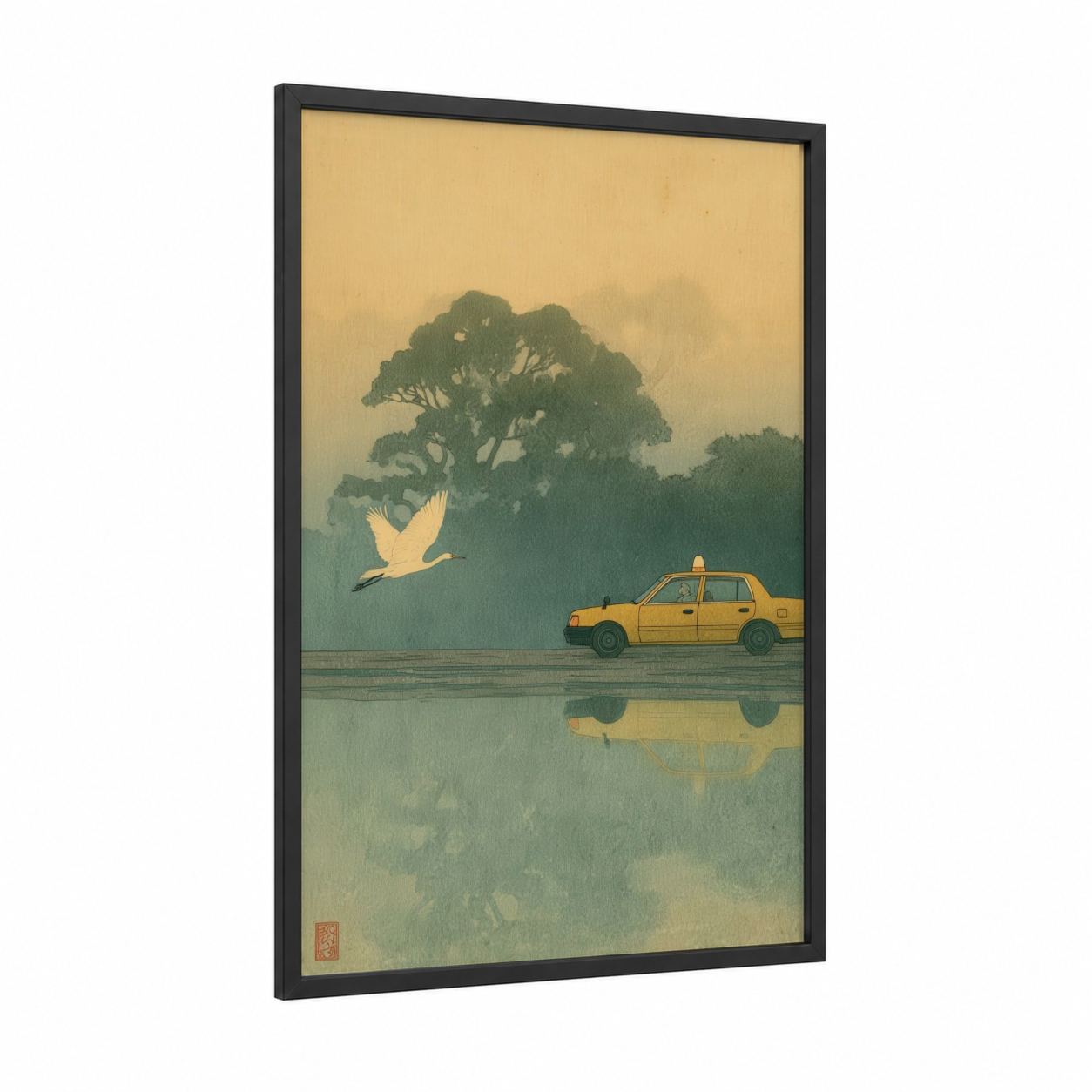 Yellow Taxi Reverie framed taxi cab print — black wood frame — gold and sage green palette