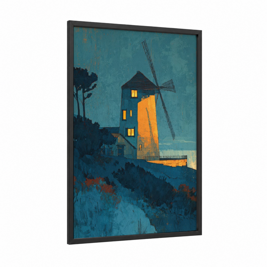 Evening Windmill framed windmills print — black wood frame — teal and gold palette