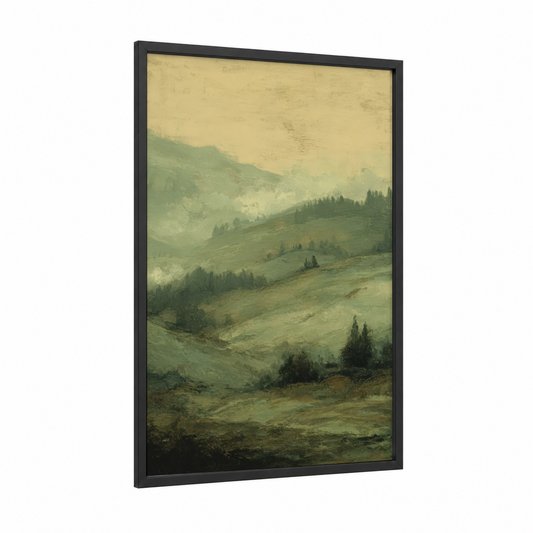 Green Field Landscape framed art print — black wood frame — light green and cream palette