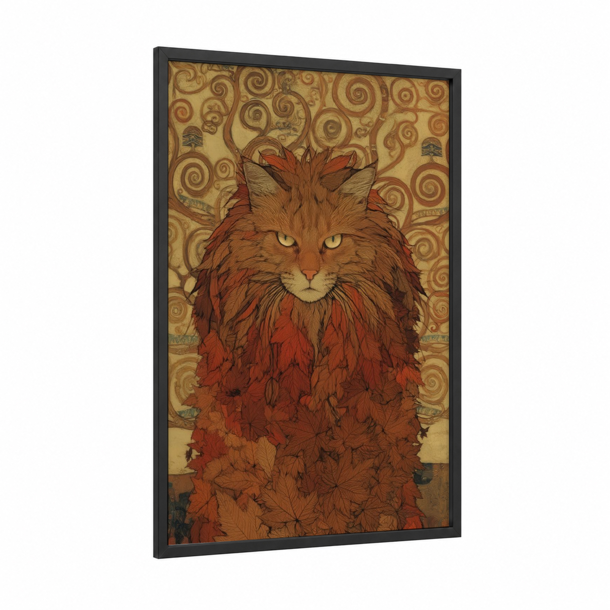 Autumn Leaf Cat framed art print — black wood frame — gold palette