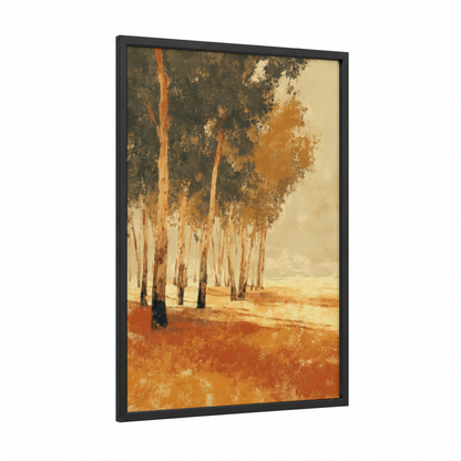 Dusty Eucalyptus Grove framed eucalyptus forest print — black wood frame — yellow gold and russet palette