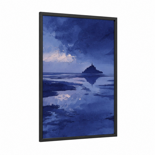 Twilight Mont-Saint-Michel framed mont saint-michel print — black wood frame — blue and cream palette
