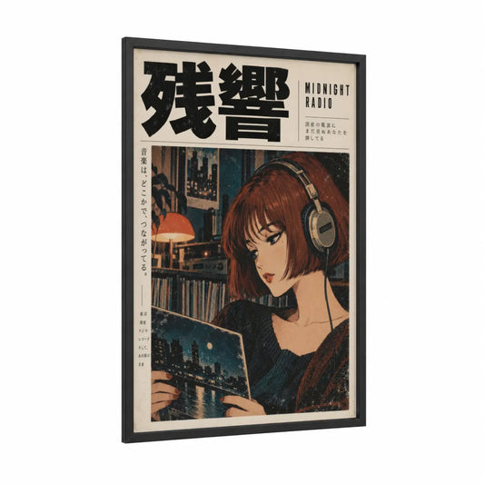 Midnight Radio Listener Japanese Wall Art framed reading print — black wood frame — russet and espresso palette