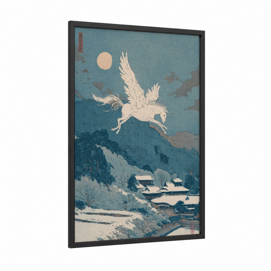 Winged Horse Moonlight framed pegasus print — black wood frame — teal and cream palette