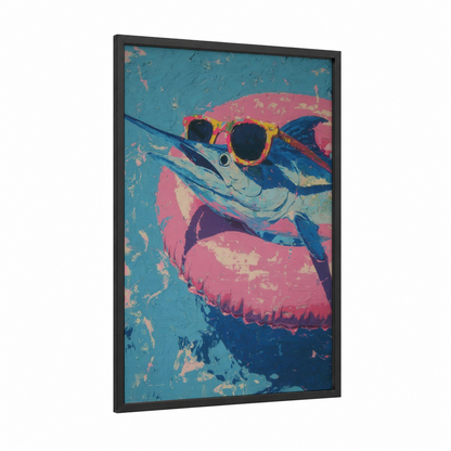 Pop Art Marlin framed blue marlin print — black wood frame — blue and pink palette