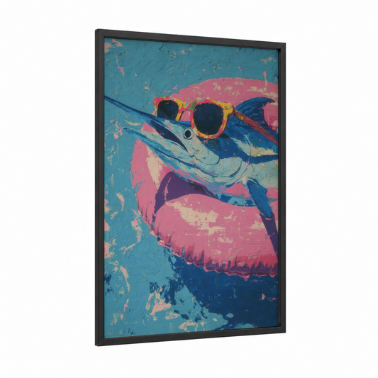 Pop Art Marlin framed blue marlin print — black wood frame — blue and pink palette