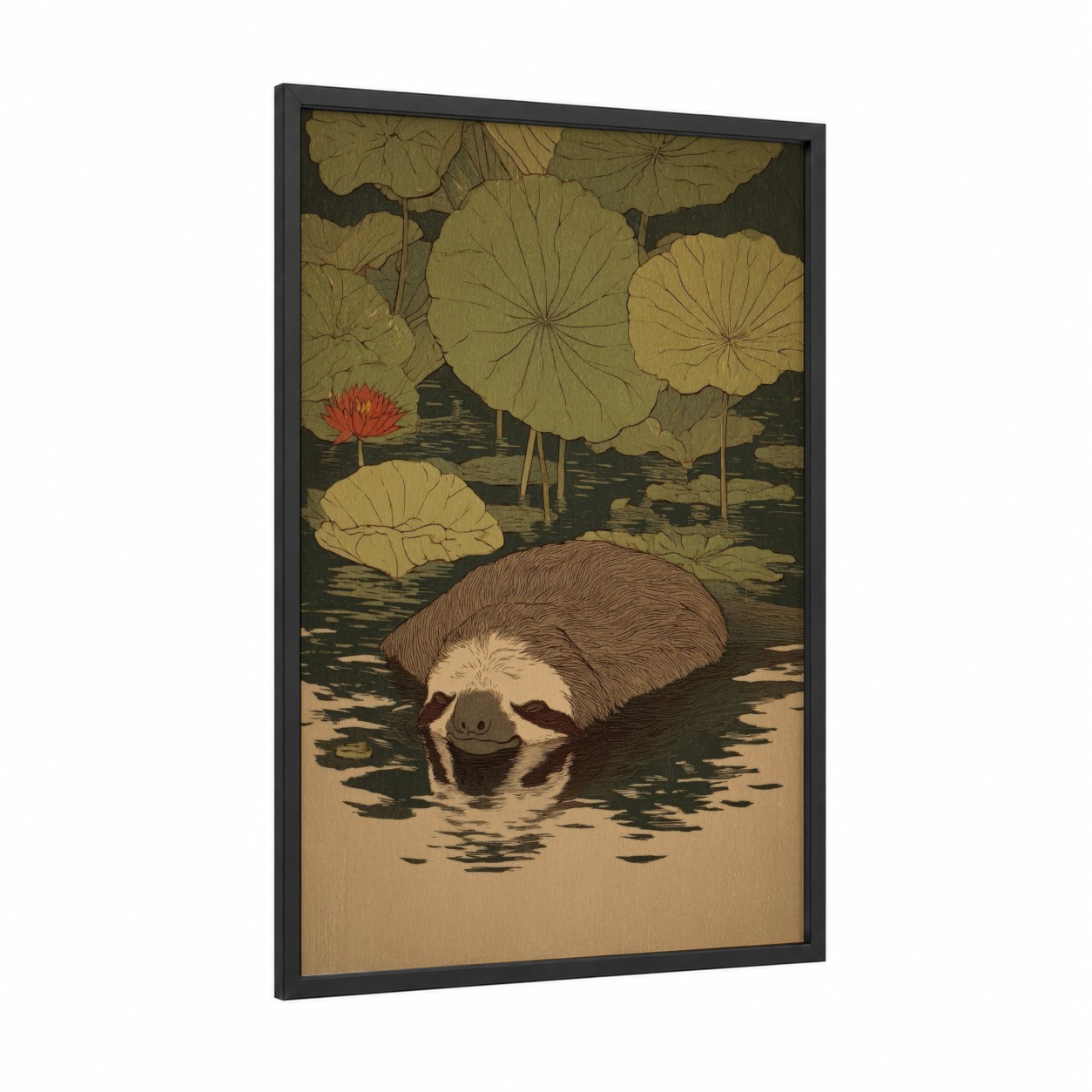 Tranquil Sloth framed art print — black wood frame — gold and brown palette