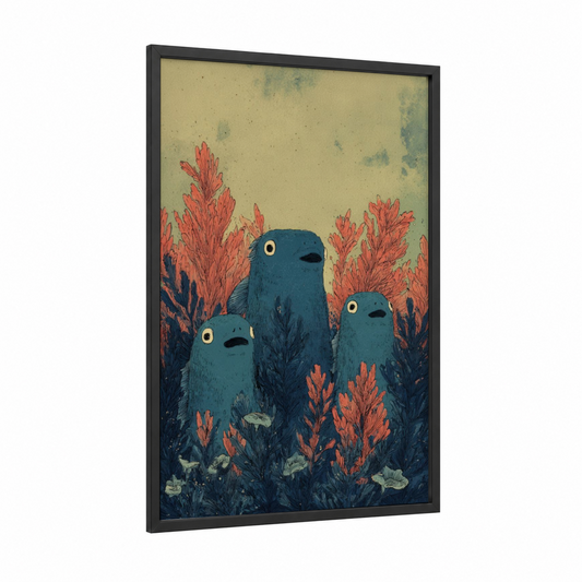 Coral Eels Trio framed art print — black wood frame — blue and orange palette