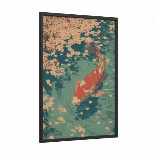 Autumn Koi framed koi fish print — black wood frame — teal and peach palette