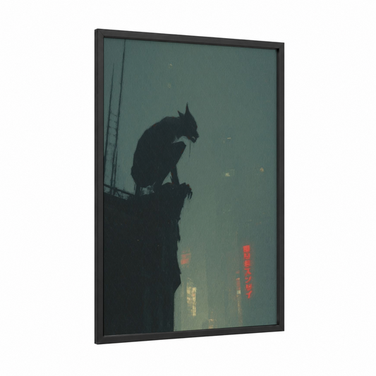Rooftop Werewolf framed art print — black wood frame — dark blue and black palette