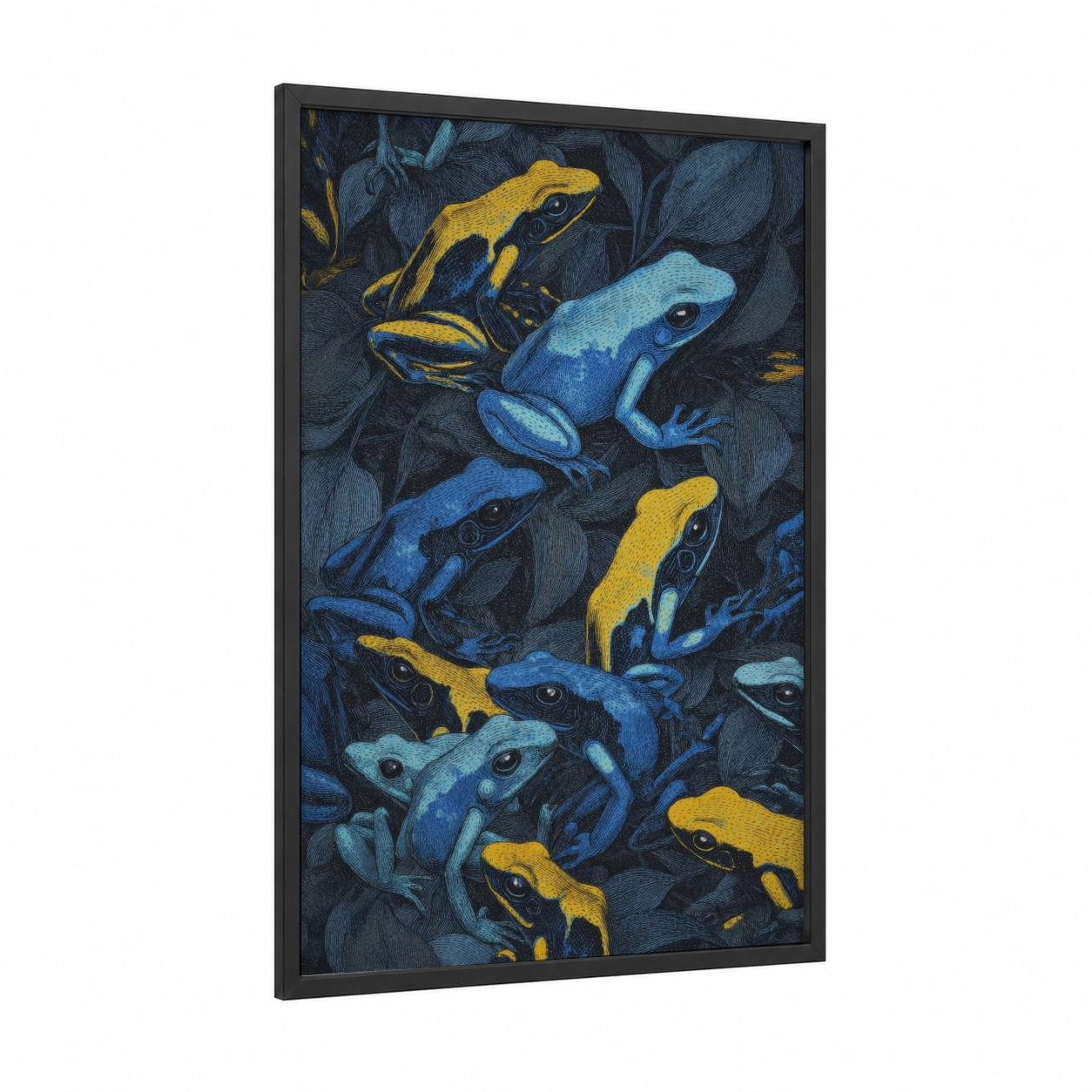 Poison Dart Frogs framed frogs and toads print — black wood frame — blue and gold palette