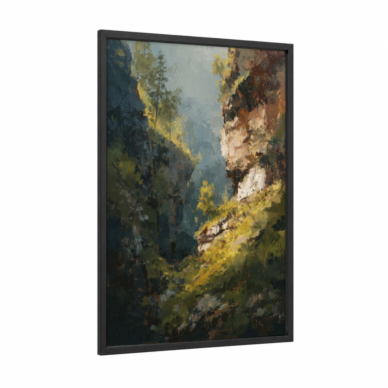 Golden Canyon framed art print — black wood frame — gold and dark green palette