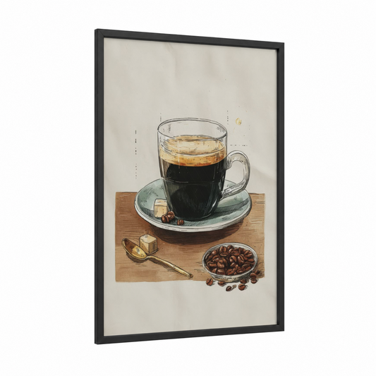 Morning Coffee Setup framed art print — black wood frame — beige and cream palette