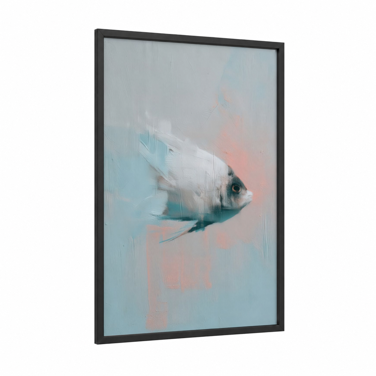 Pastel Angel Fish framed art print — black wood frame — aquamarine and salmon pink palette