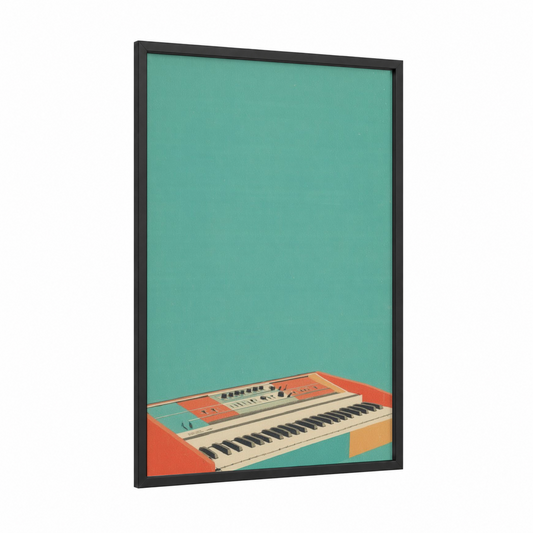 Vintage Synthesizer framed keyboard print — black wood frame — turquoise and salmon pink palette
