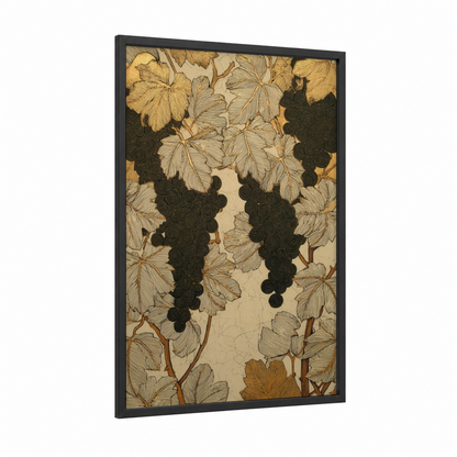 Golden Vineyard Harvest framed vineyards print — black wood frame — gold and black palette