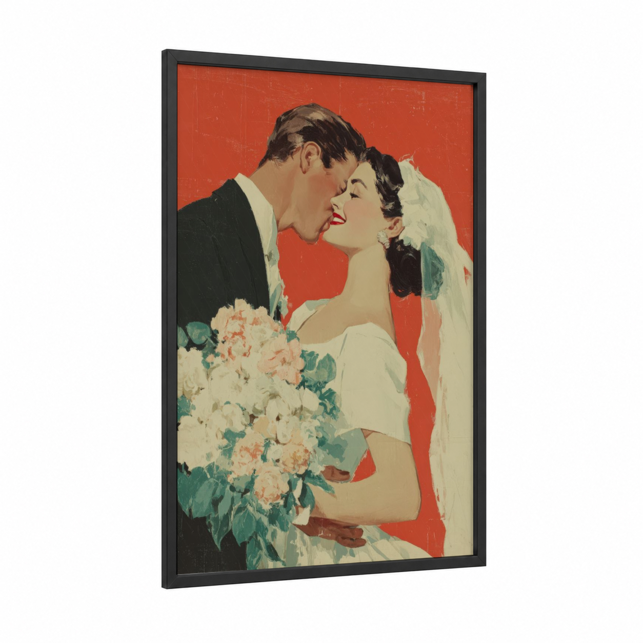 Vintage Kiss Moment framed groom and bride print — black wood frame — red and cream palette