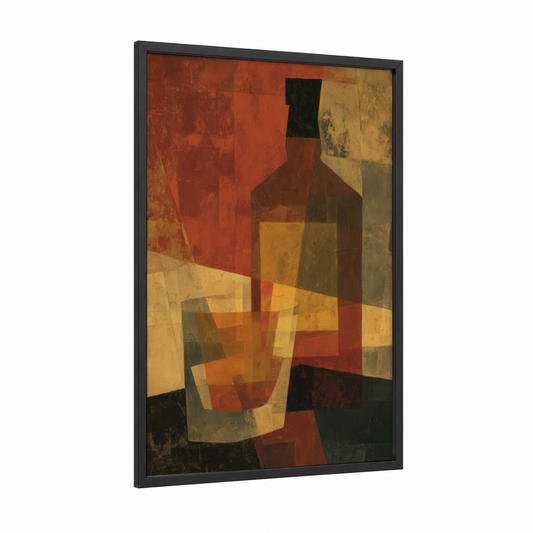 Amber Whiskey Still framed art print — black wood frame — gold palette