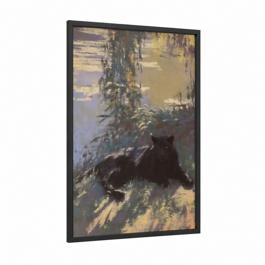Shadowed Panther framed art print — black wood frame — gold and black palette