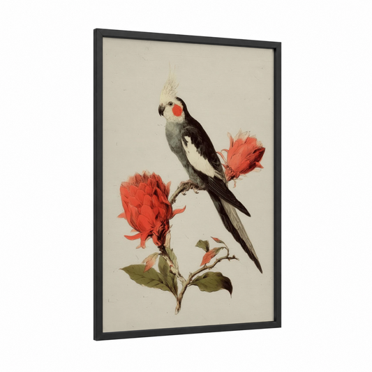 Scarlet Cockatiel framed art print — black wood frame — red and cream palette