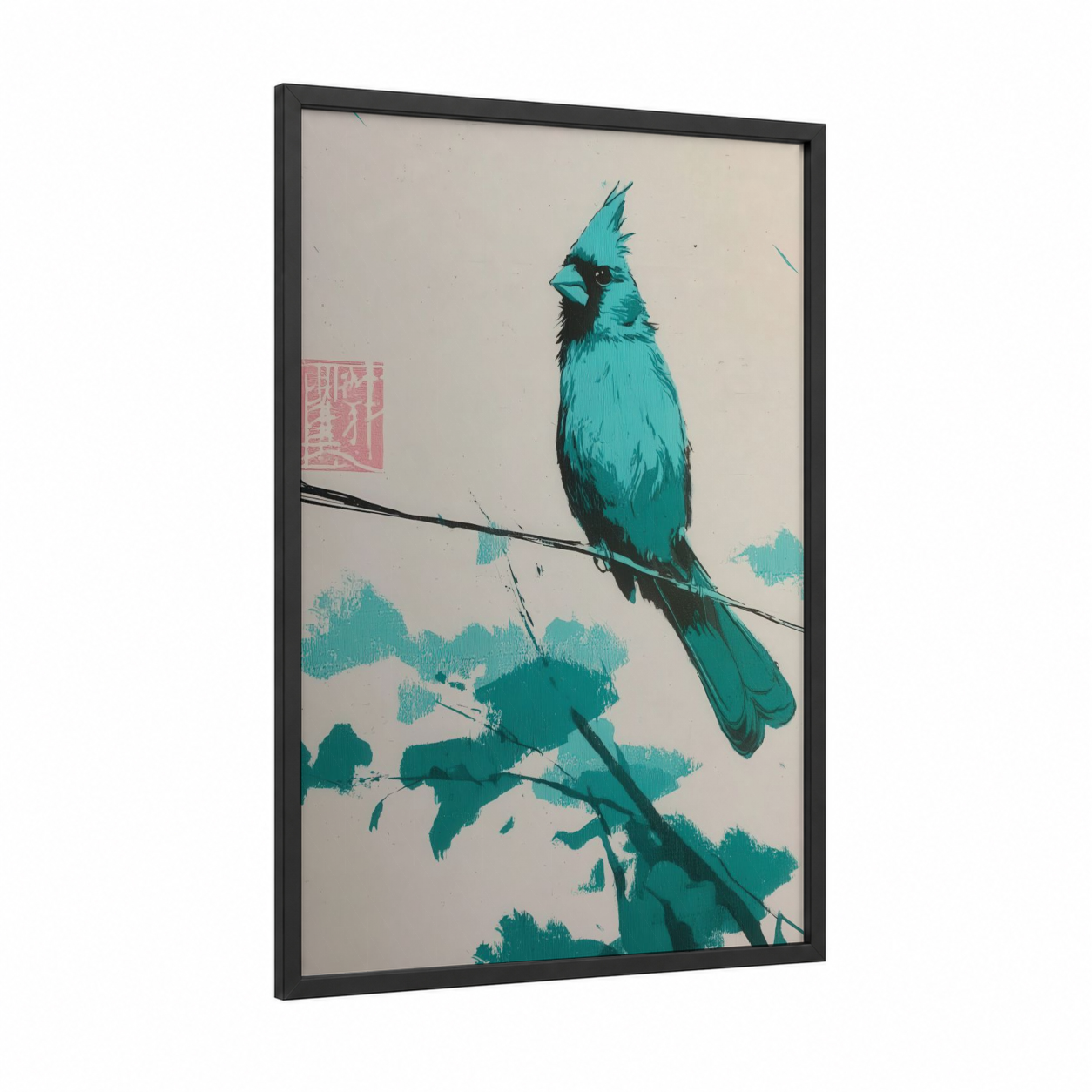 Turquoise Cardinal framed art print — black wood frame — turquoise and black palette