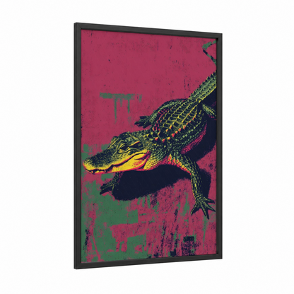 Neon Alligator framed art print — black wood frame — magenta and lime green palette