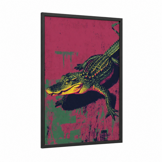 Neon Alligator framed art print — black wood frame — magenta and lime green palette