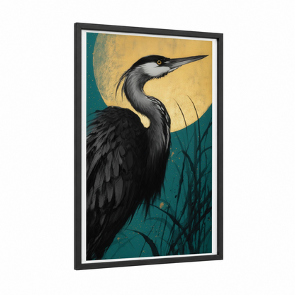 Moonlit Heron framed art print — black wood frame — gold and teal palette