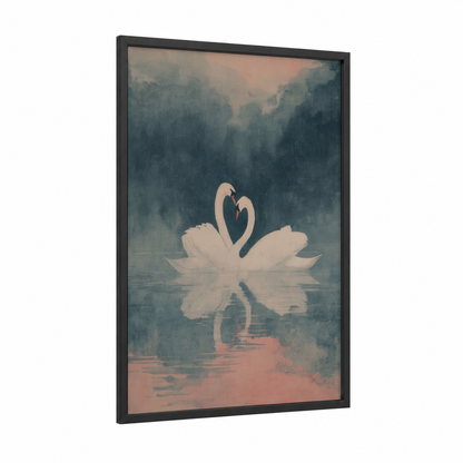 Romantic Swan Pair framed valentine's day print — black wood frame — peach and dove gray palette