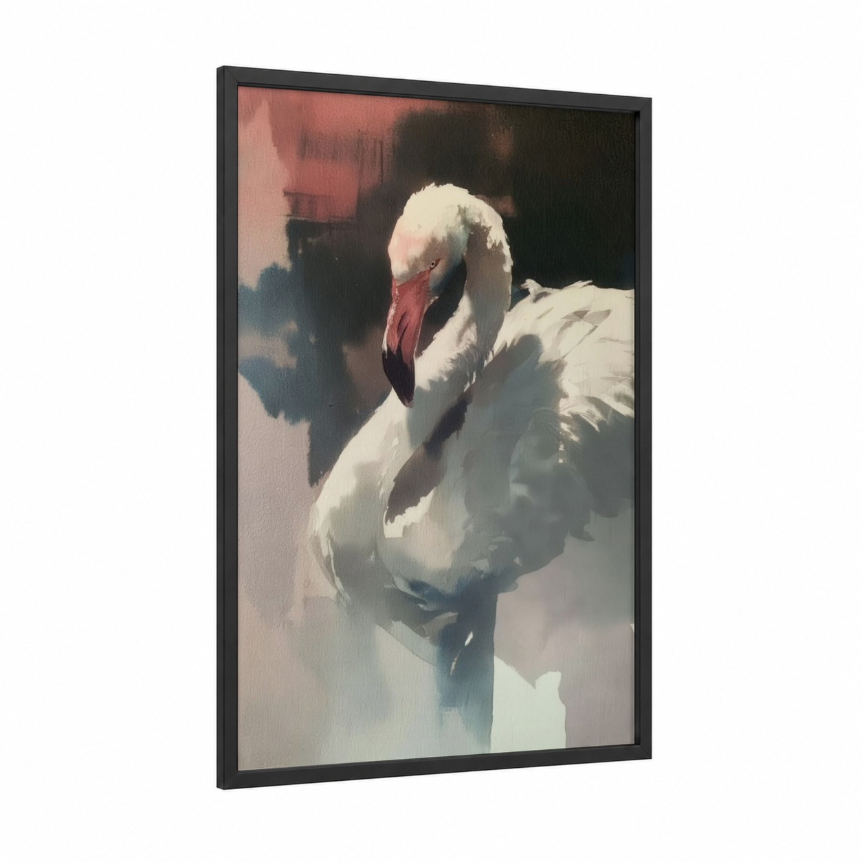 Graceful Flamingo framed art print — black wood frame — white and salmon pink palette