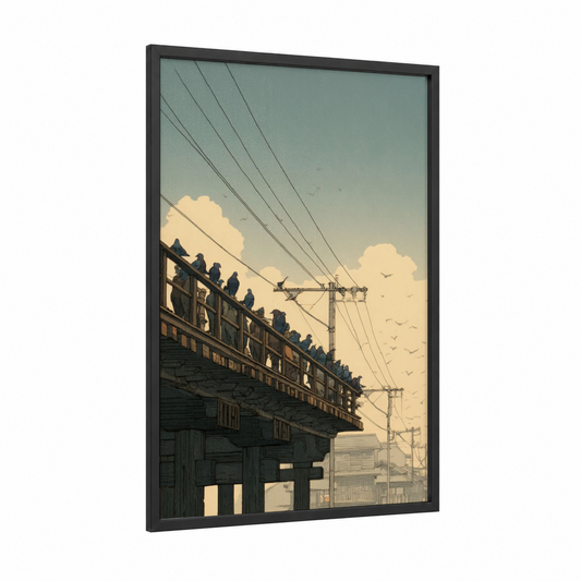 Urban Power Lines framed art print — black wood frame — sage green and gold palette