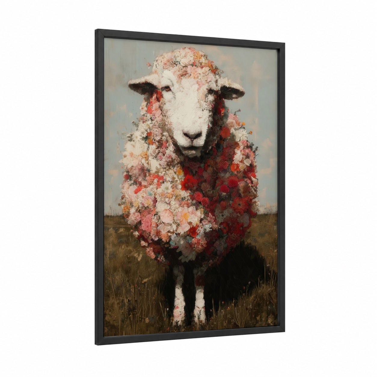 Floral Sheep Portrait framed art print — black wood frame — salmon pink and cream palette