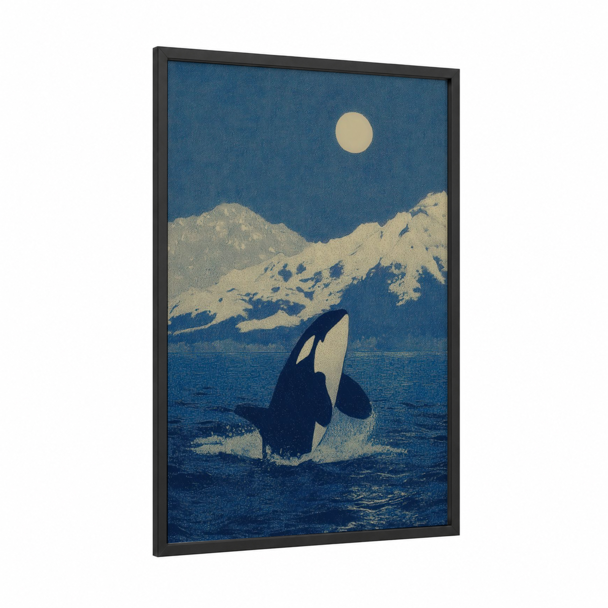 Arctic Orca framed orca whale print — black wood frame — blue and cream palette