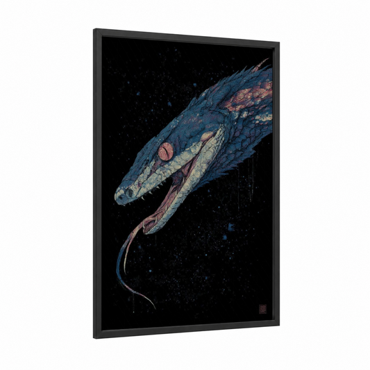 Cosmic Viper framed art print — black wood frame — blue and rose gold palette