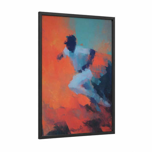 Dynamic Baseball Player framed art print — black wood frame — orange and blue palette