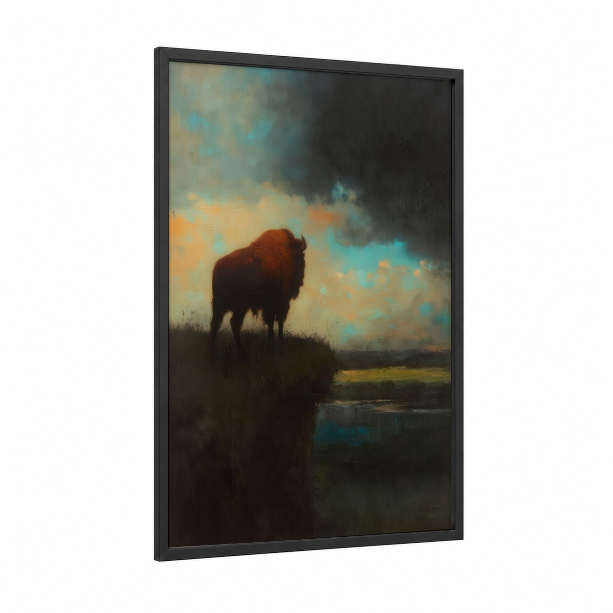 Solitary Bison framed art print — black wood frame — russet and teal palette
